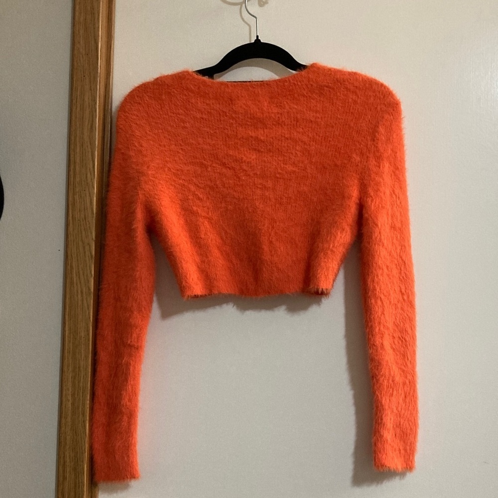 Cropped Fuzzy V-Neck Cardigan Sweater - Orange - Picture 4 of 11